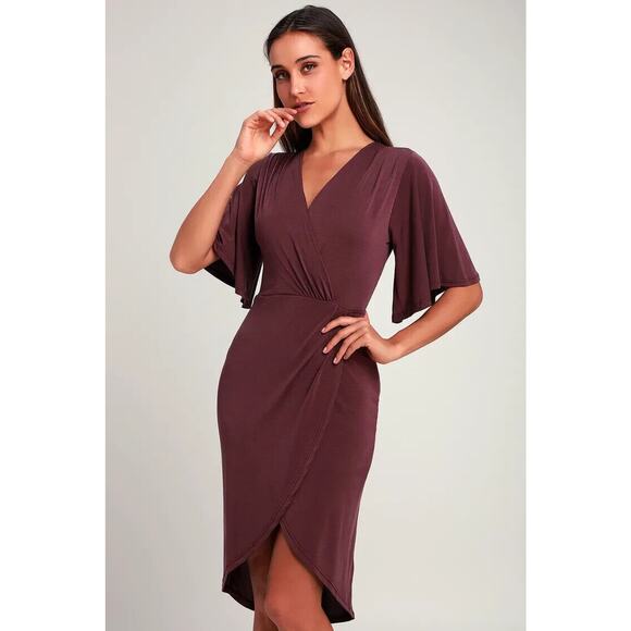 Lulus Dulcet Washed Purple Surplice Midi Dress Knit Tulip Hem Faux Wrap Size S - Picture 1 of 10